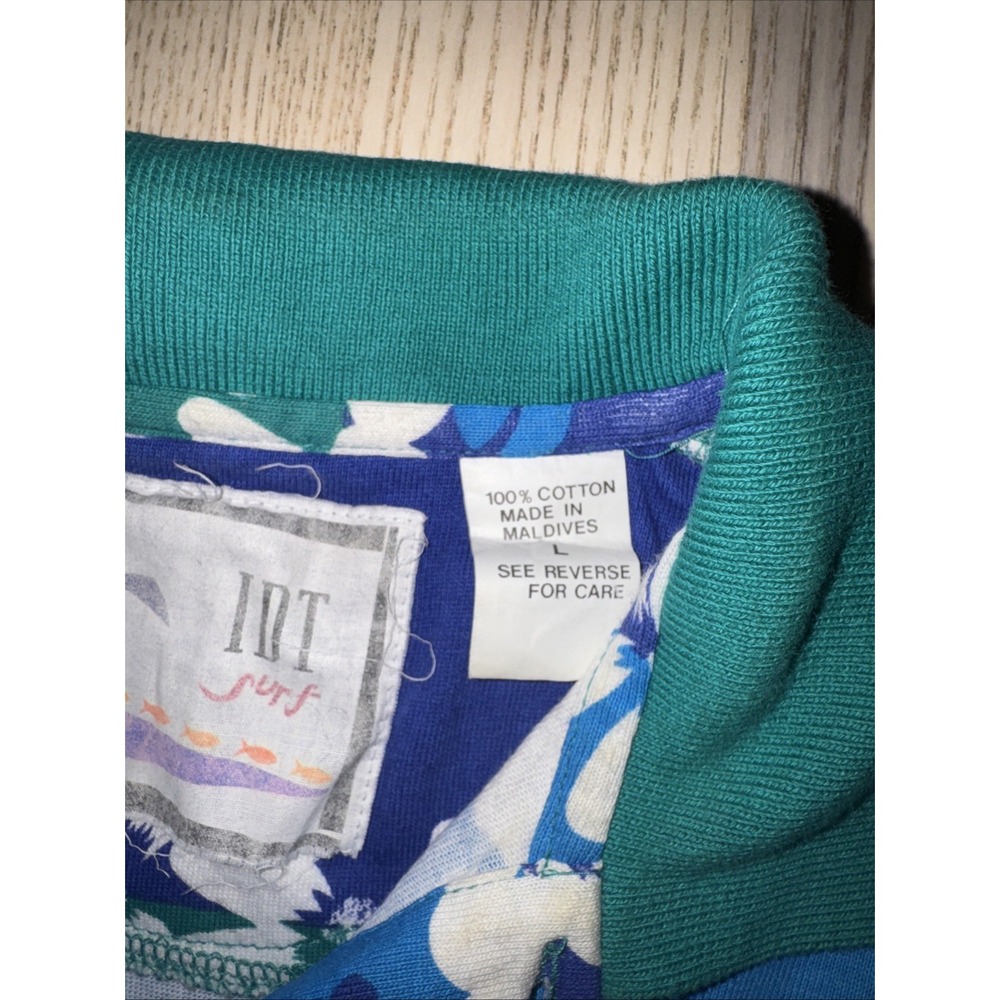 Vintage Hawaiian IDT Surf Polo M Large L Blue Teal Floral Aloha Flower Striped - Picture 5 of 9